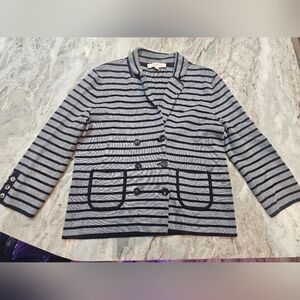 LOFT Striped Knit Blazer Cardigan Navy Gray Women’s Large Double Breasted 100%